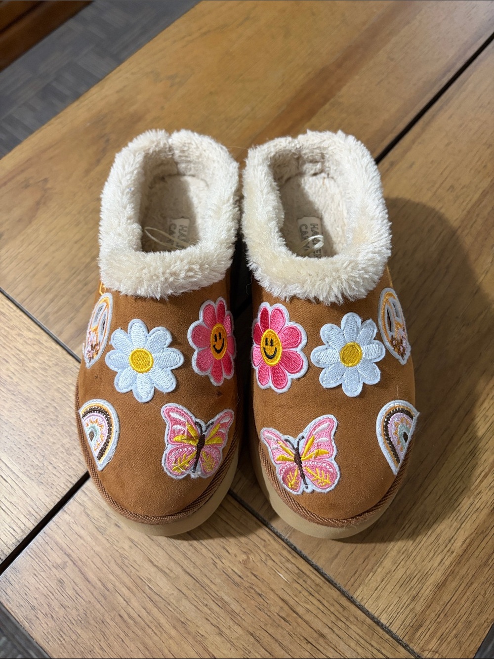Brown Floral & Butterfly Embroidered Furry Clog Slippers